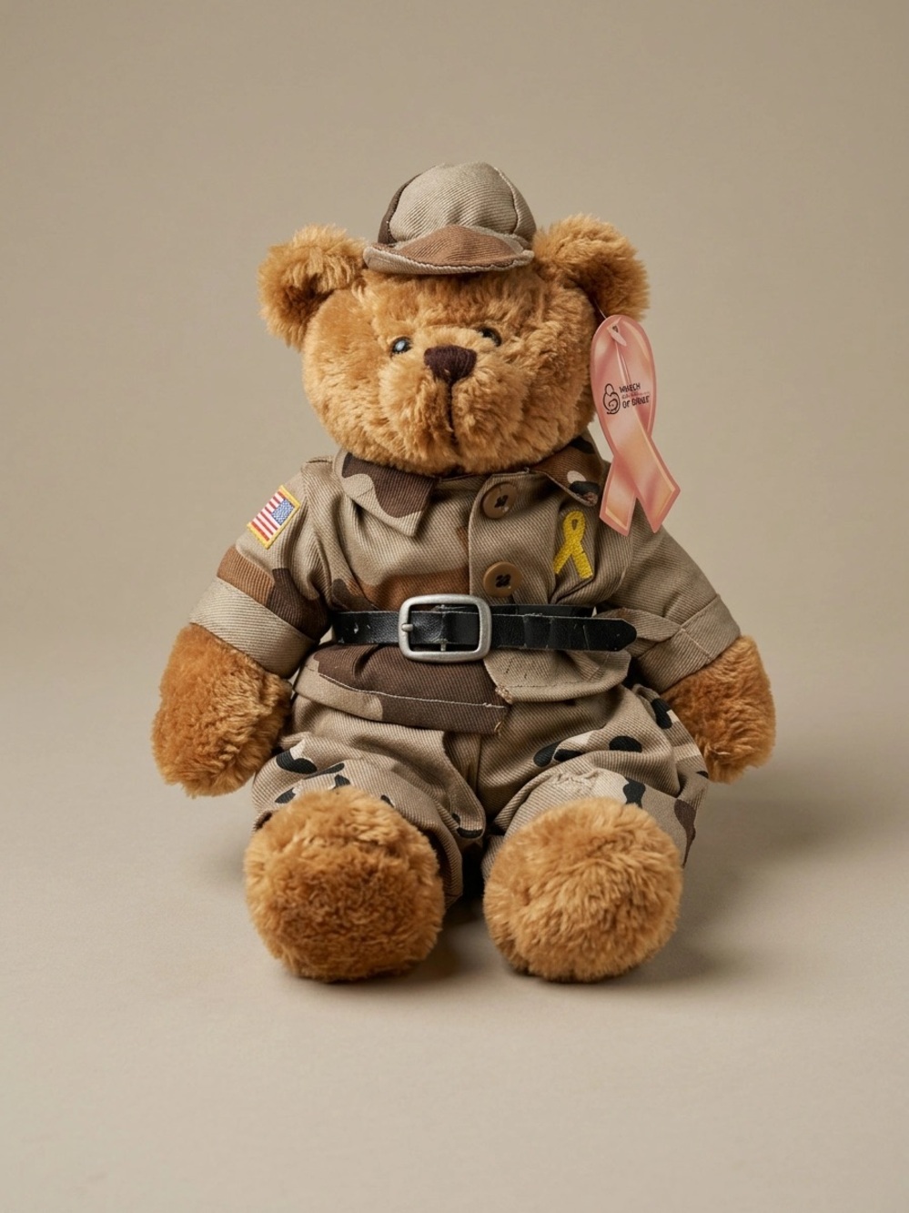 Plush Teddy Bear in Desert Camo Outfit with Pink Ribbon